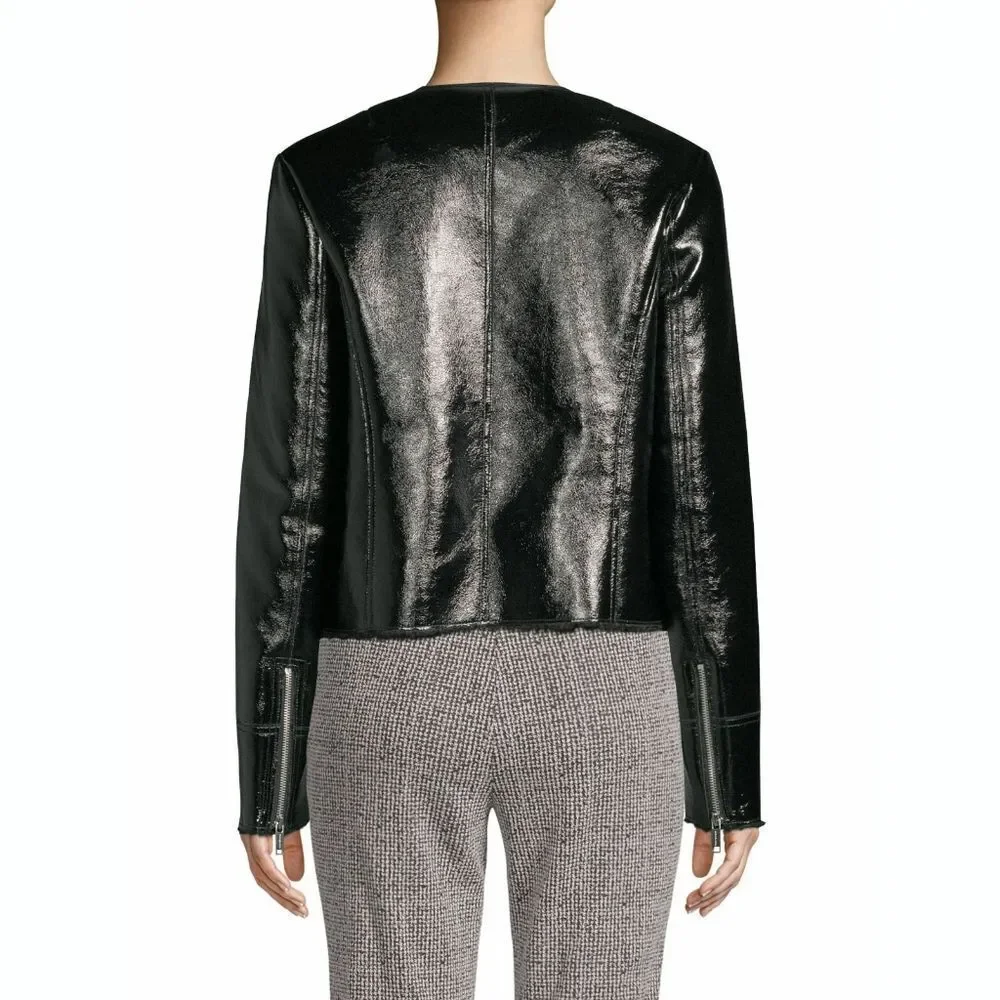 New! MICHAEL KORS Faux Leather Black Biker Jacket Size XS Faux Shearling Collar